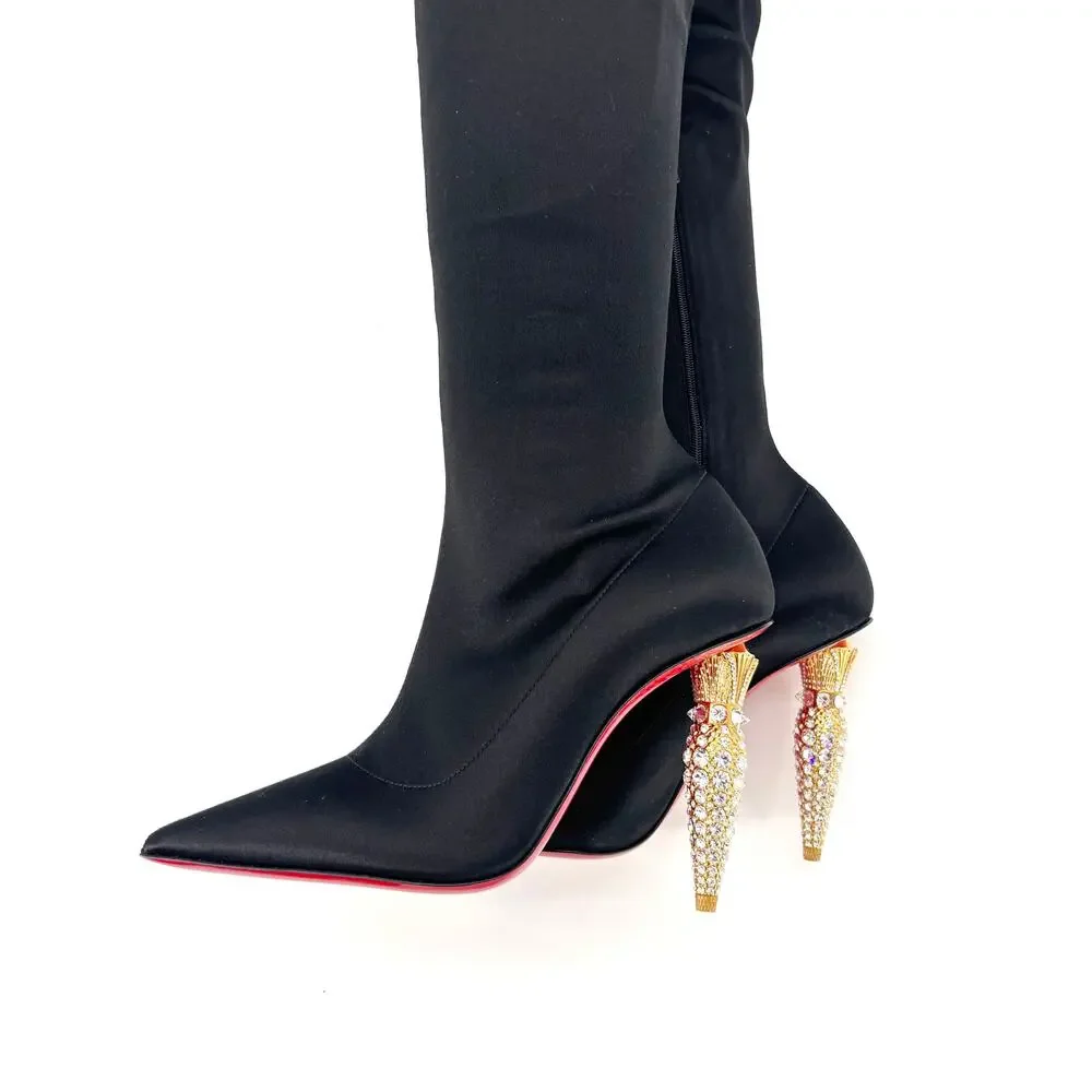 NEW Christian Louboutin Lipstrass Botta Alta Crystal Embellished OTK Boots 37.5